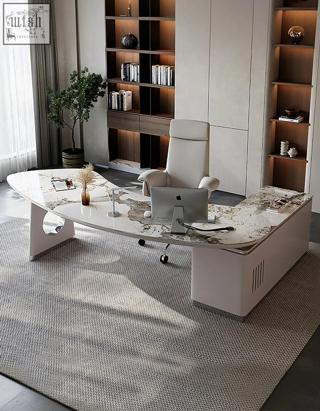 Modern white coelho corner office desk with sintered stone marble top and sleek minimalist legs for workspace