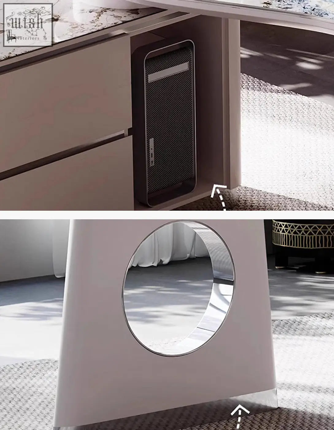 A sleek white table leg with circular mirror inset on coelho corner office desk with sintered stone top