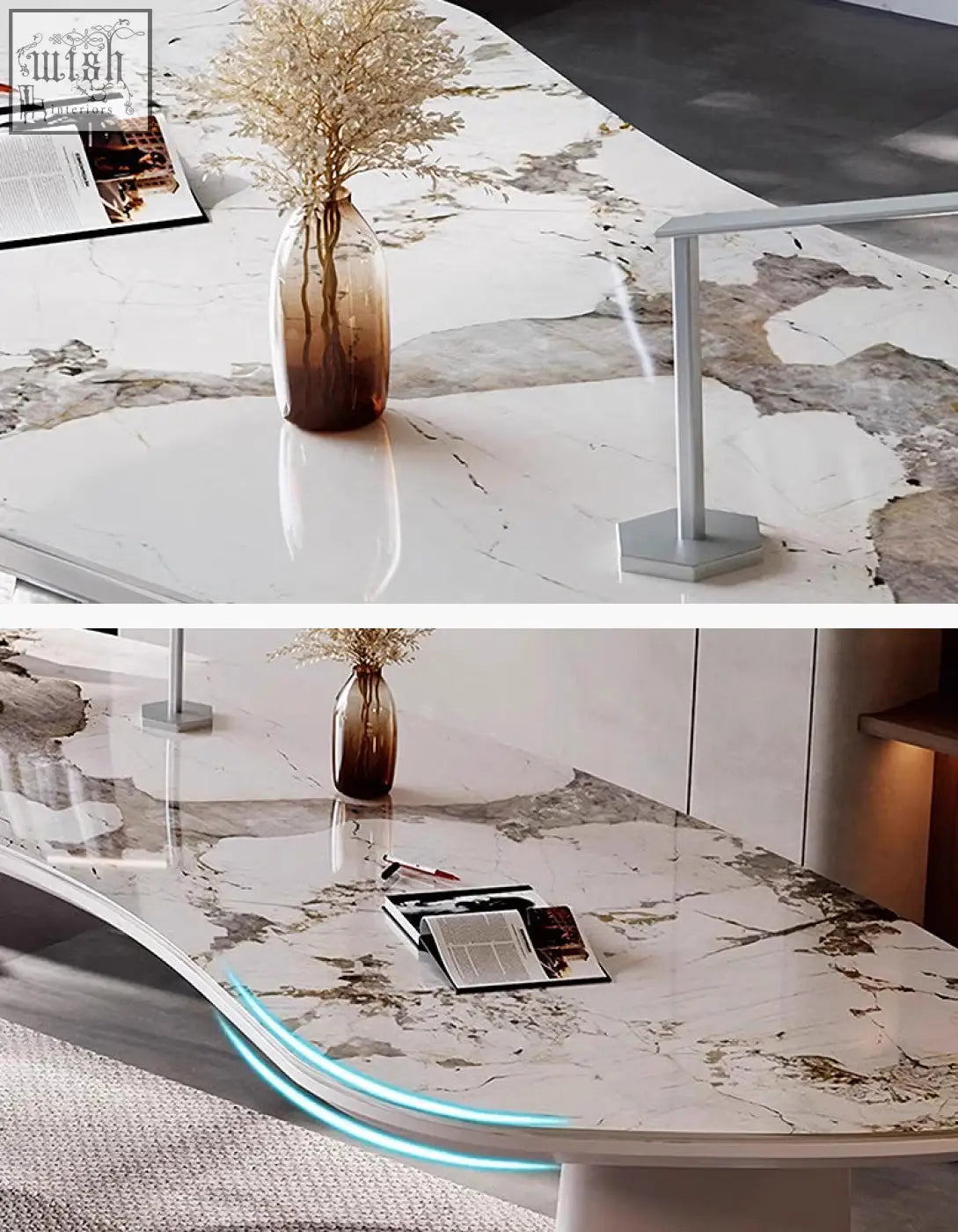 A sleek coelho corner office desk with storage featuring a curved white and gray veined sintered stone surface