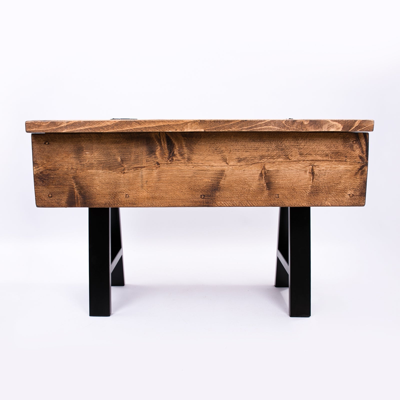 Rustic wooden blanket box with black metal legs ideal for coffee chest storage and free uk delivery available