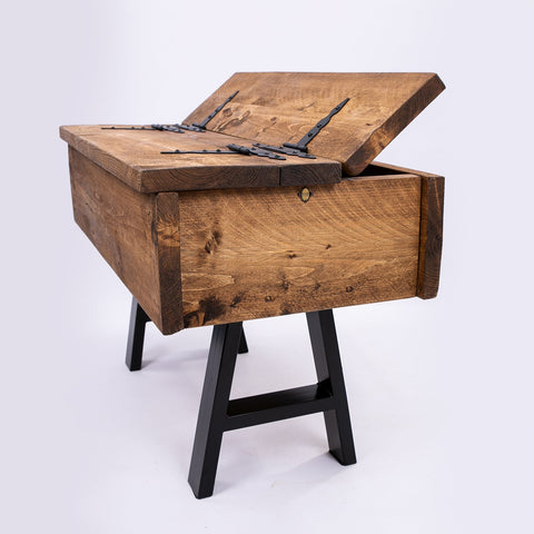 Rustic wooden blanket box with black metal hinges and legs perfect as a coffee chest storage with free uk delivery