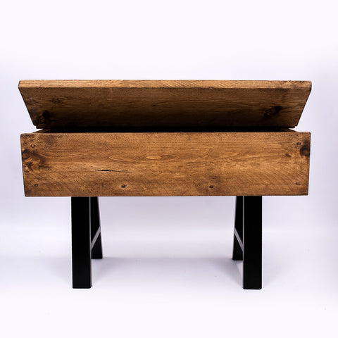 Rustic wooden blanket box with hinged lid and black metal legs perfect for storage with free uk delivery