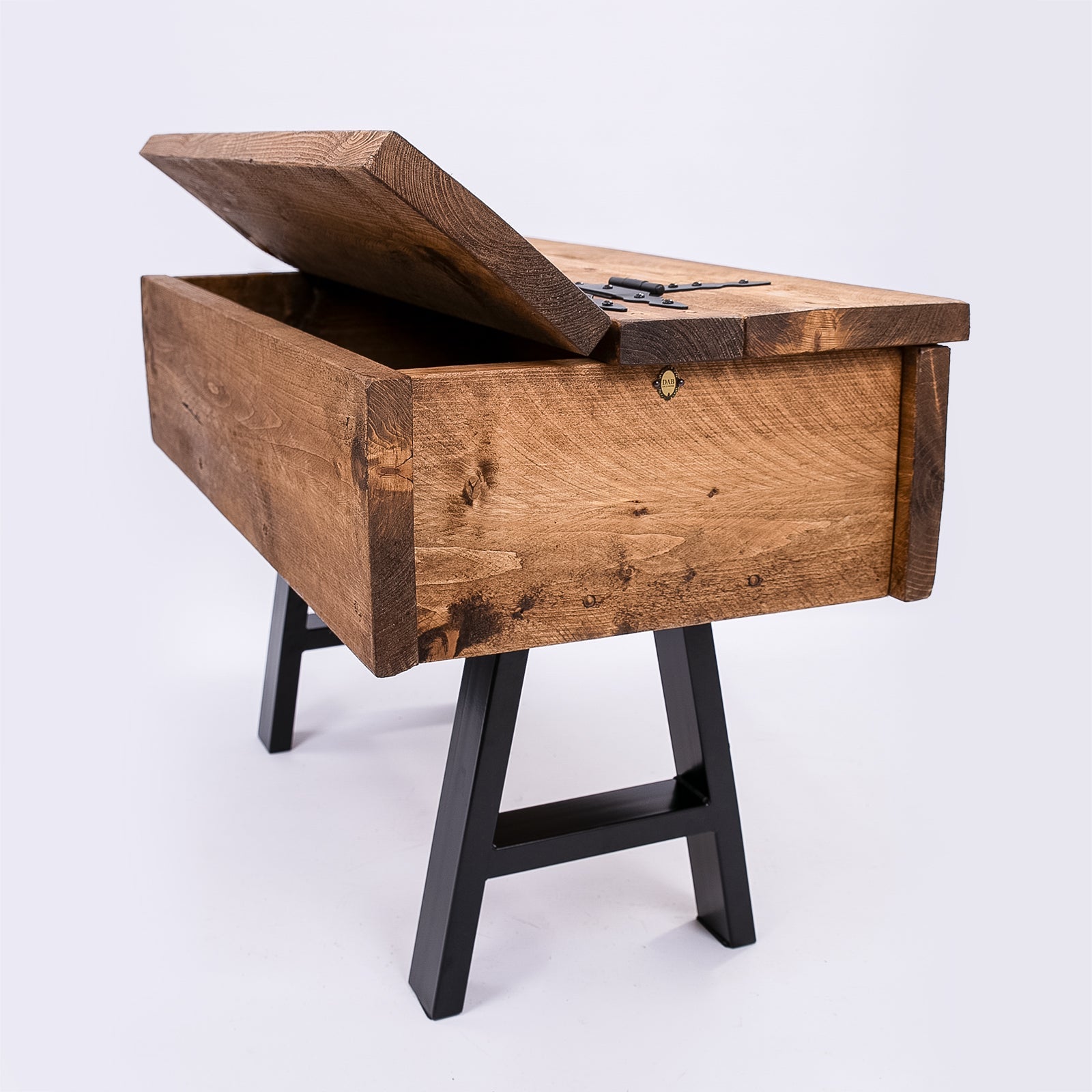 Rustic wooden blanket box with hinged lid and black metal legs perfect for coffee chest storage with free uk delivery
