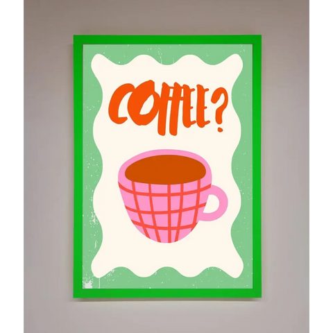 Coffee Pink Mug Framed Wall Art - B0 (100 x 141 cm) / Neon Dark Green - Framed Print