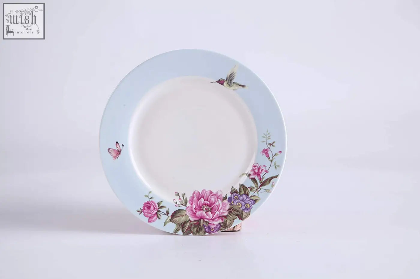 Delicate light blue ceramic dessert plate set with floral bird butterfly design perfect for gift box presentation
