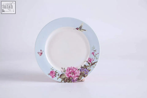 Delicate light blue ceramic dessert plate set with floral bird butterfly design perfect for gift box presentation