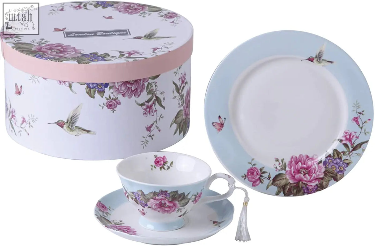 Delicate porcelain coffee tea cup and dessert plate set with pink roses hummingbirds in vintage floral gift box