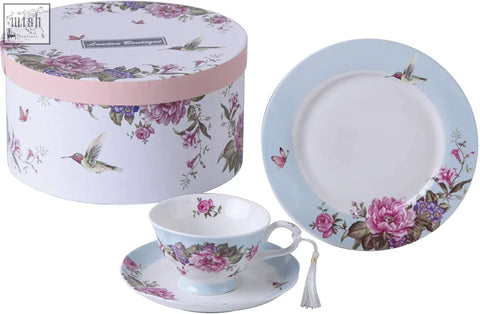 Delicate porcelain coffee tea cup and dessert plate set with pink roses hummingbirds in vintage floral gift box