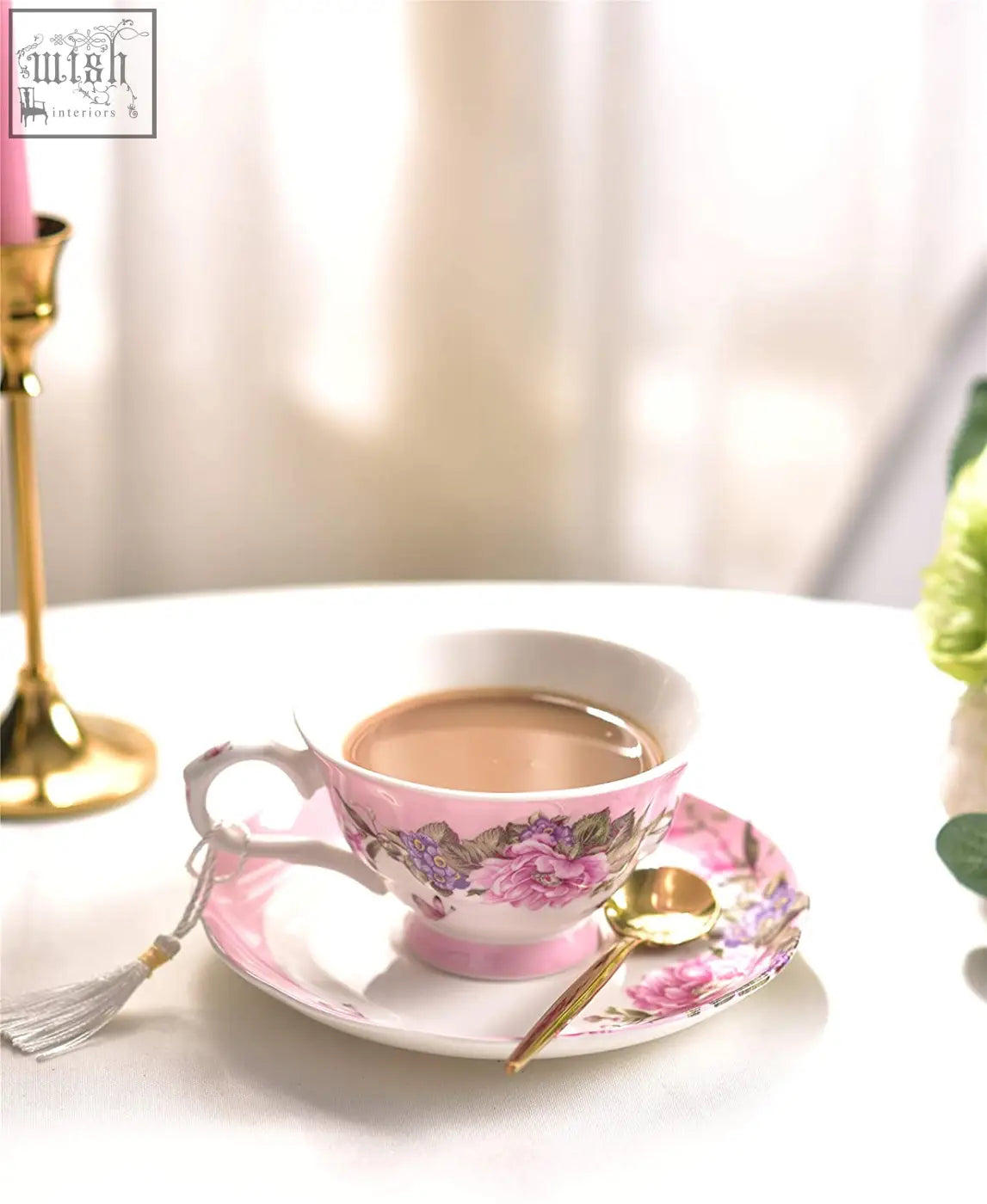 Pink floral porcelain teacup with matching saucer and gold spoon in shabby chic dessert plate set gift box