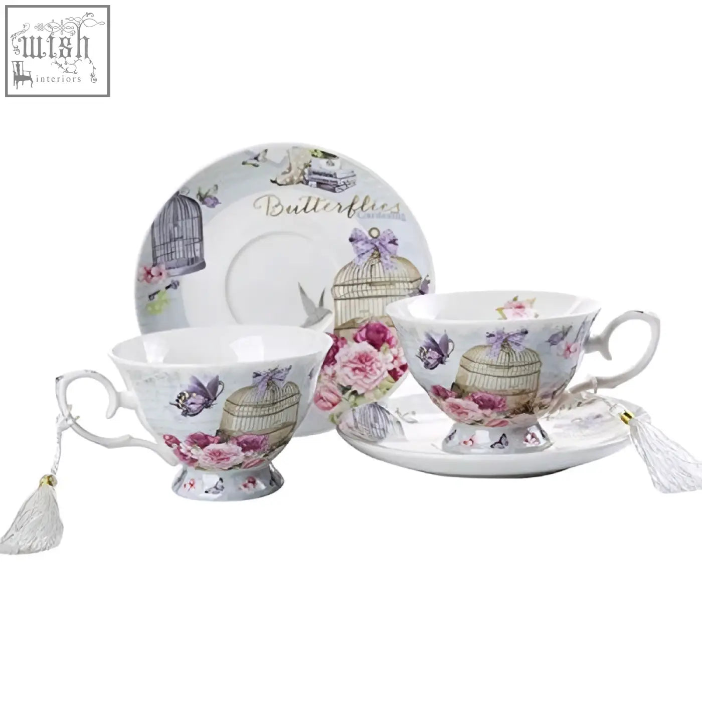 Delicate porcelain coffee tea cup and saucers set with birdcages butterflies pink roses in lalic summer garden gift box