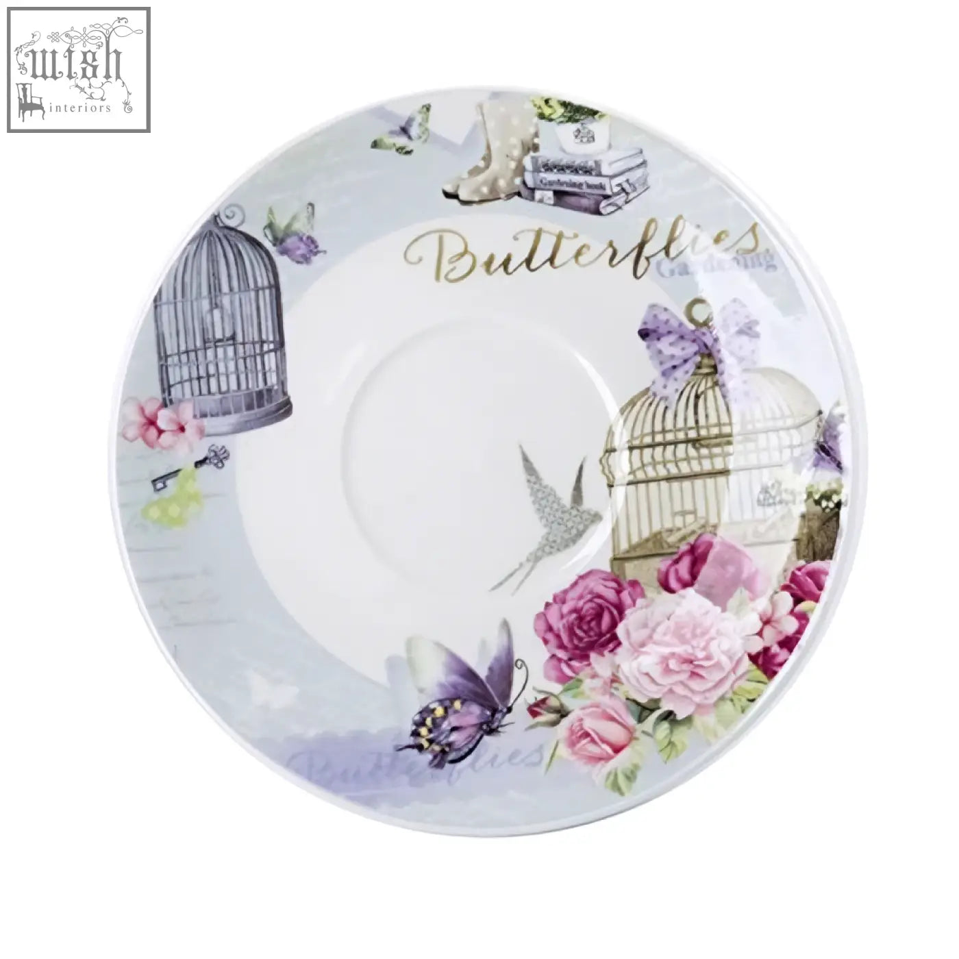 A delicate porcelain saucer from lalic summer garden featuring vintage butterflies roses and birdcages in a gift box