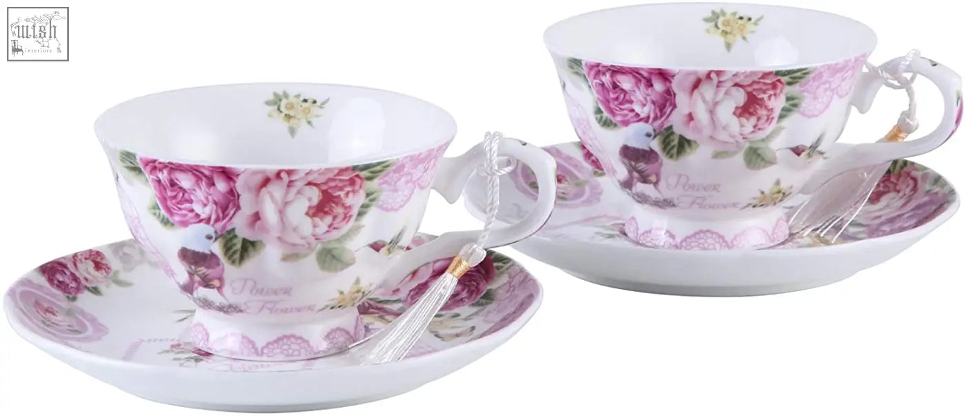 Delicate porcelain coffee tea cup and saucers set with pink bird rose design in a gift box with gold accents