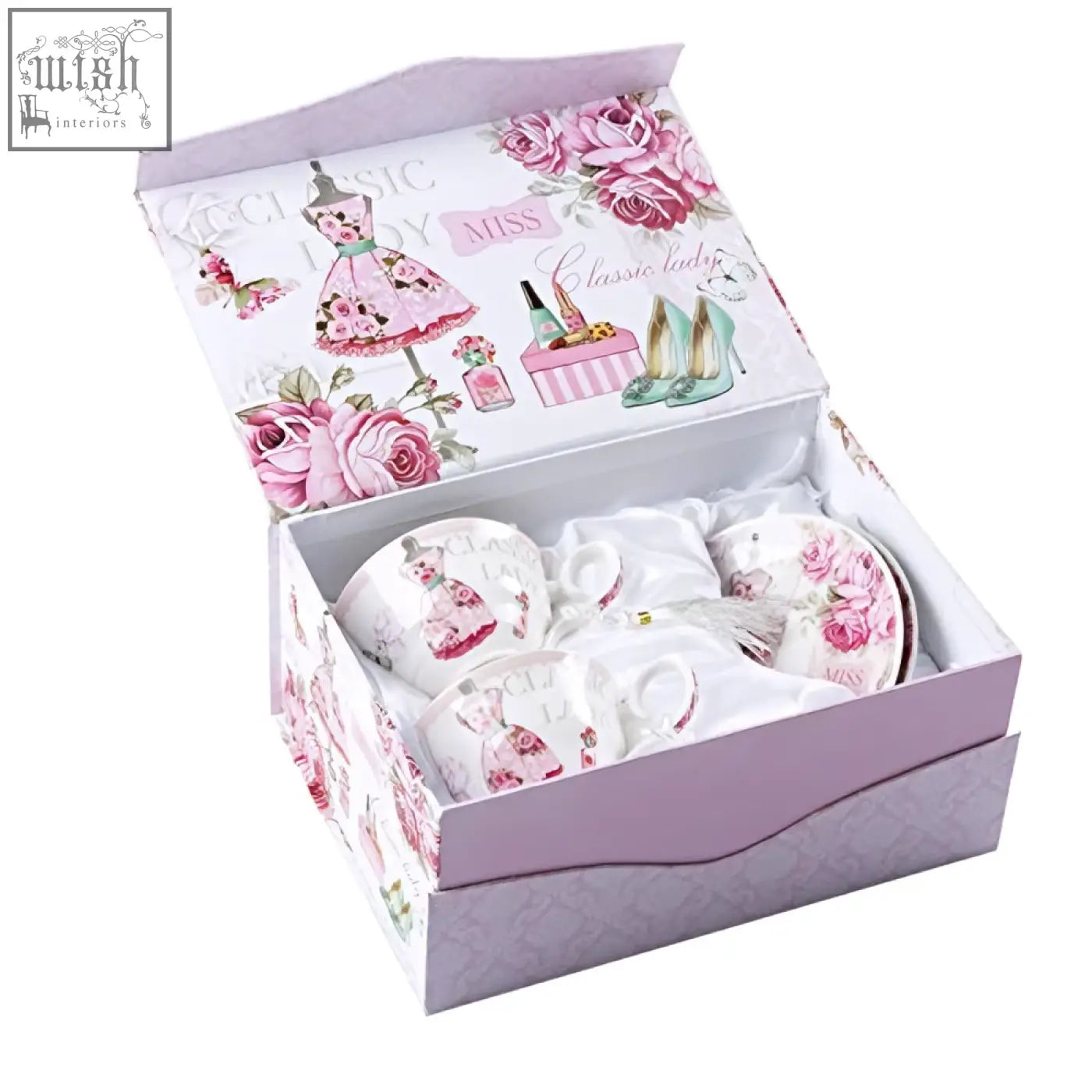 Pink classic lady ceramic teacup and saucers set with floral pattern in a matching gift box perfect for coffee or tea