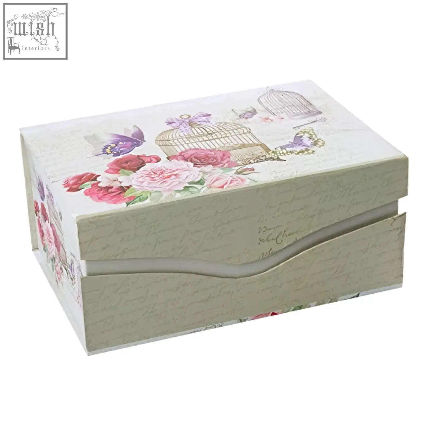 A cream decorative gift box with vintage floral and birdcage design for lalic summer garden saucers set porcelain
