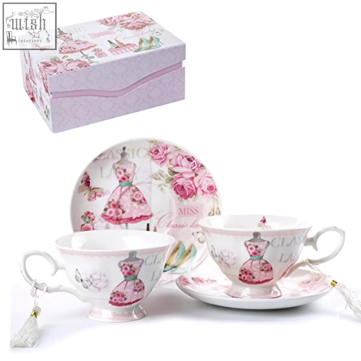 Pink classic lady ceramic teacup and saucers set with floral pattern and matching gift box for vintage shabby chic style