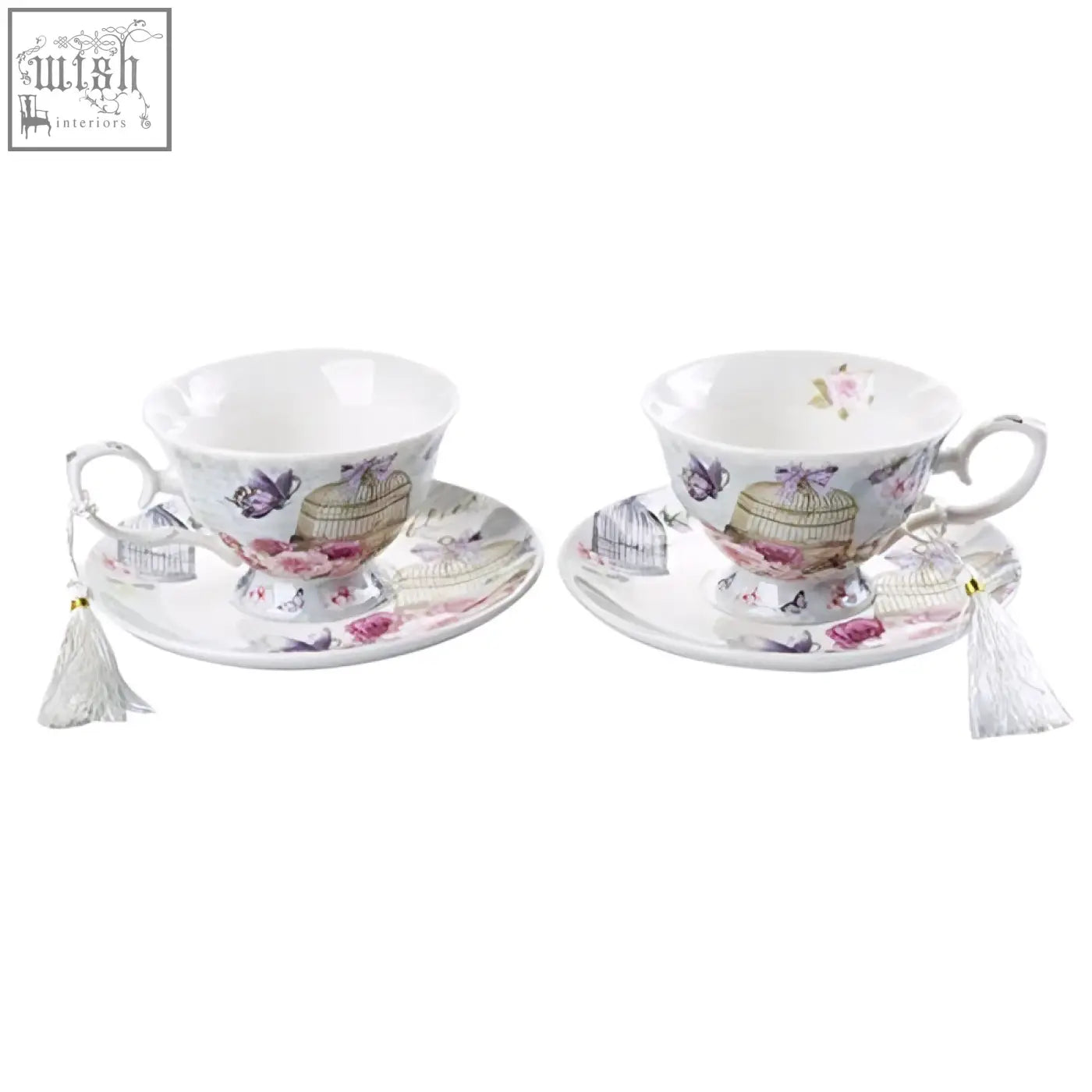 A delicate porcelain coffee tea cup and saucer set with birdcage motif in pastel pink and purple from lalic summer garden gift box