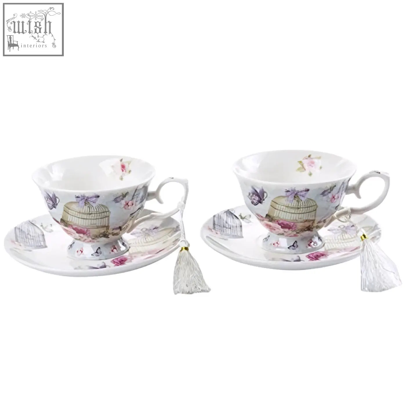 Delicate porcelain coffee tea cup and saucer set with birdcage butterfly design in lalic summer garden gift box
