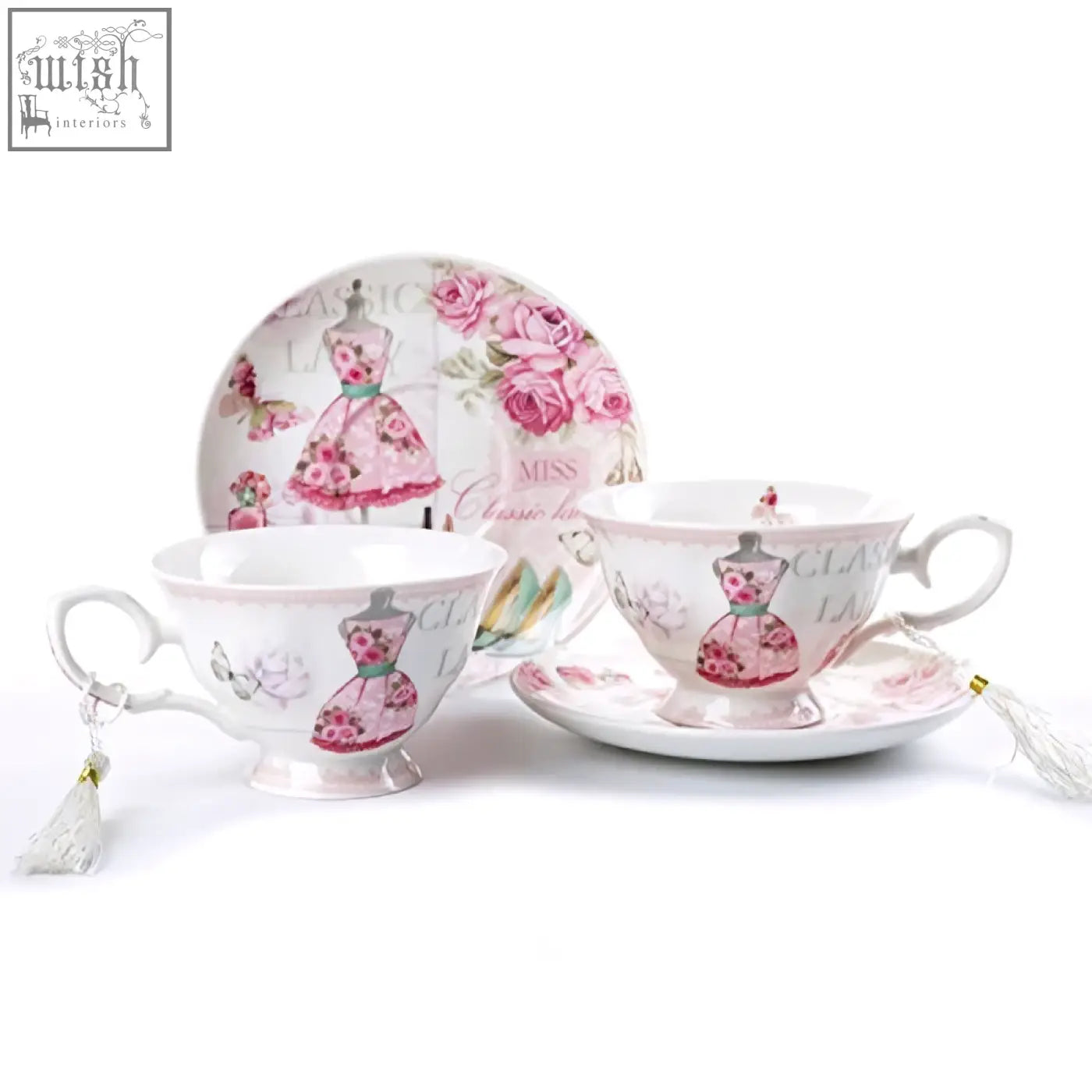 Delicate porcelain coffee tea cup and saucer set with pink classic lady floral design in a shabby chic gift box