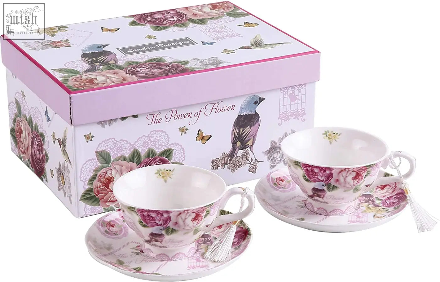 Delicate porcelain coffee tea cup and saucer set with pink bird rose floral patterns in a gift box