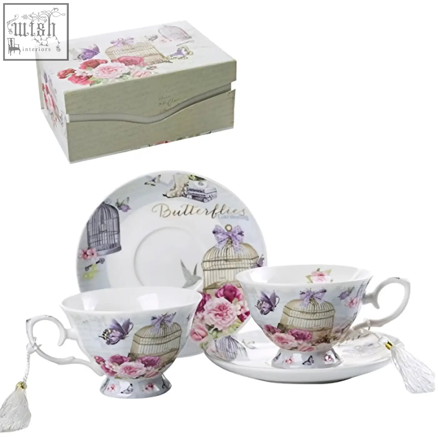 A delicate porcelain coffee tea cup and saucers set with vintage butterfly and birdcage design in lalic summer garden gift box