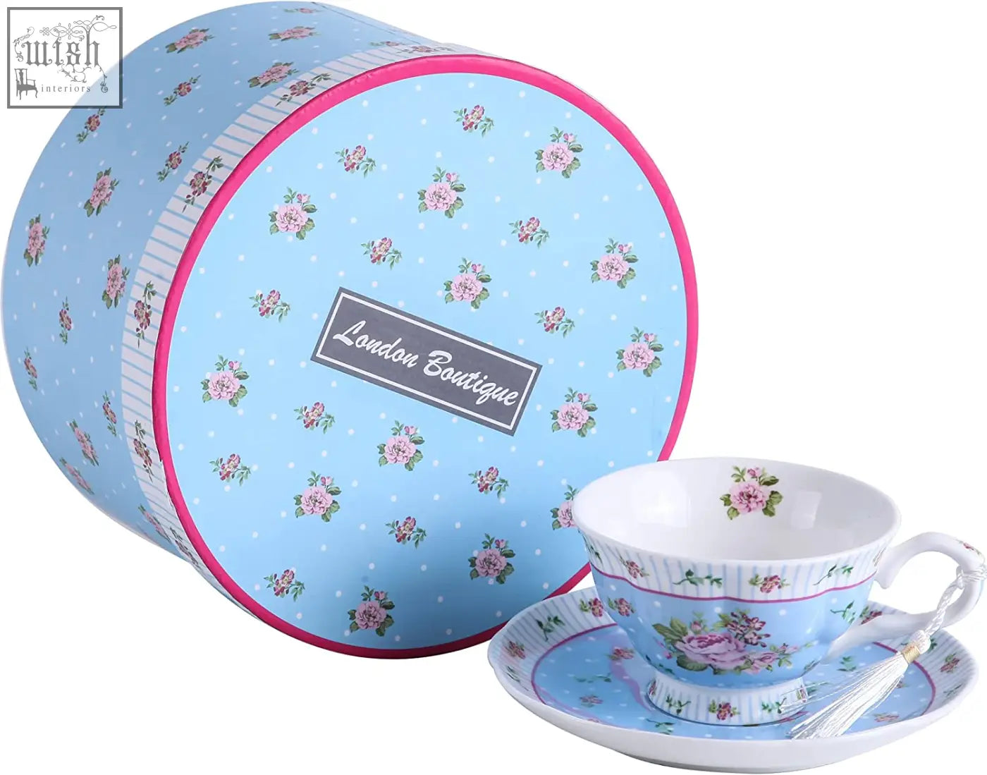 A porcelain rose lavender tea cup and saucer 1pc set with pink floral patterns in a gift box