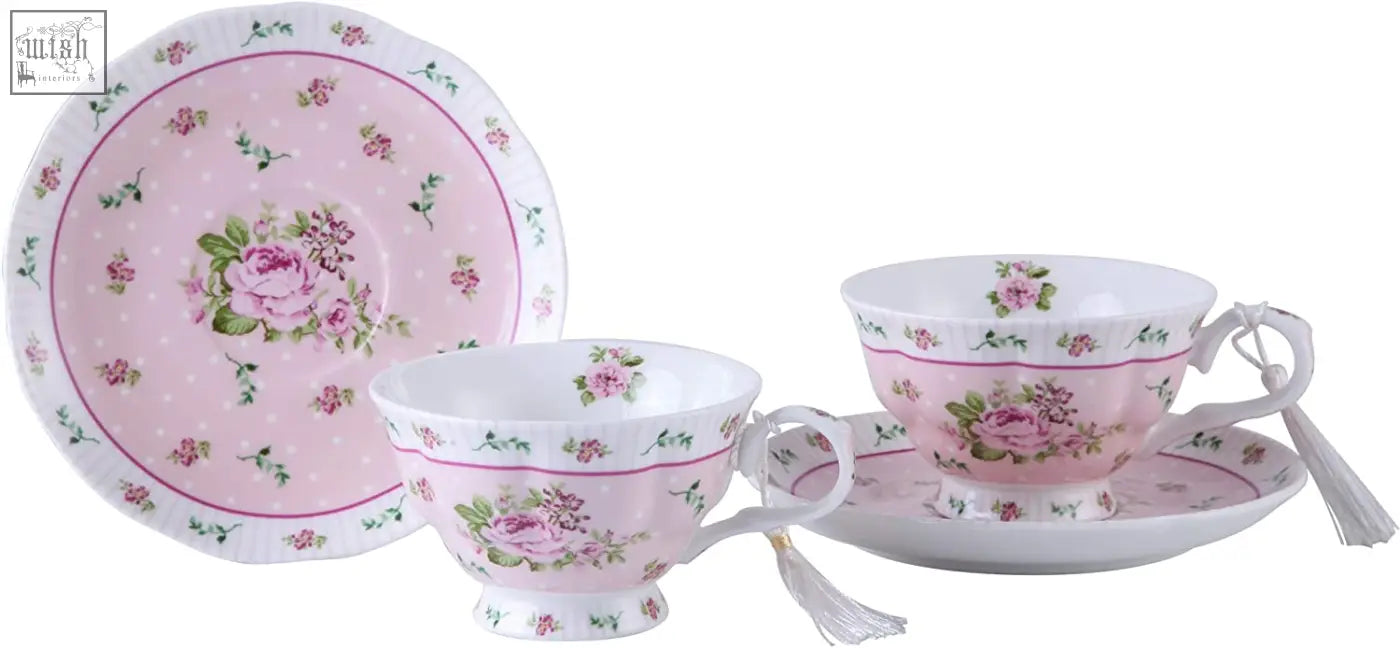 Pink floral porcelain coffee tea cups and saucers set of 2 with rose patterns and white tassels gift box rose pink 2pc set
