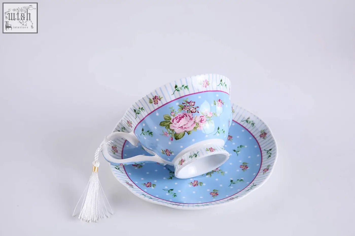 Delicate light blue porcelain teacup and saucer set with rose lavender floral pattern in a gift box 1pc set