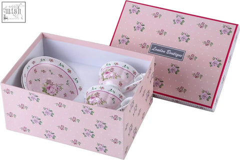Pink floral-patterned porcelain coffee tea cups and saucers rose pink 2pc set in gift box