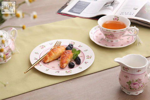 Pink floral porcelain teacup and saucer set with delicate rose patterns in a rose pink 2pc set with gift box