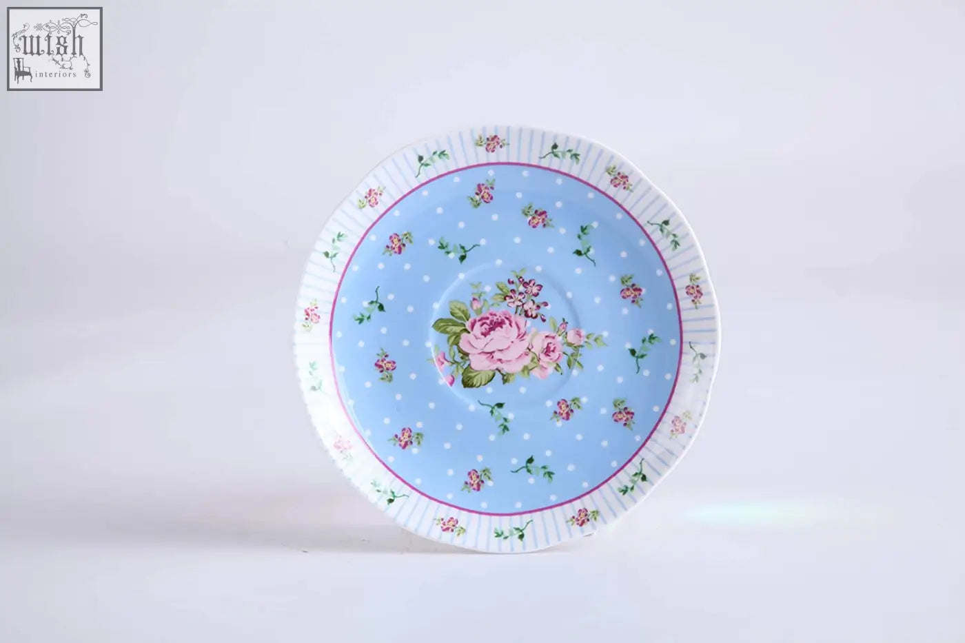 A delicate light blue ceramic coffee tea cup with a pink rose and floral motifs in a rose lavender 1pc set gift box