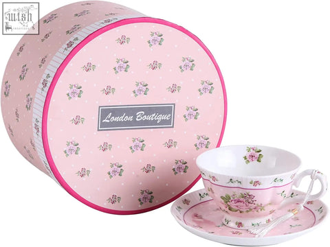 Pink floral porcelain tea cup and saucer in rose lavender 1pc set with matching gift box