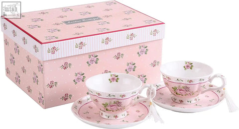 Pink floral porcelain coffee tea cups and saucers set of 2 in a matching rose pink 2pc gift box