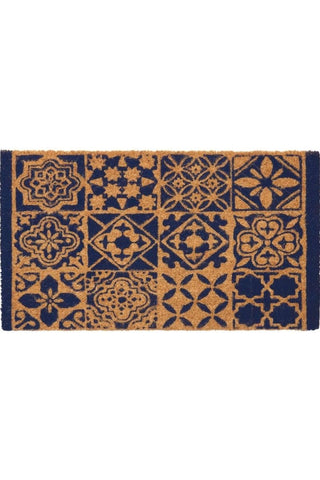 A rectangular coir tile blue doormat with woven texture and navy tan geometric tile blue mat design 40x70 cm