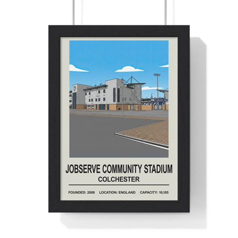 Black-framed poster print featuring a stylized illustration of colchester jobserve community stadium in england