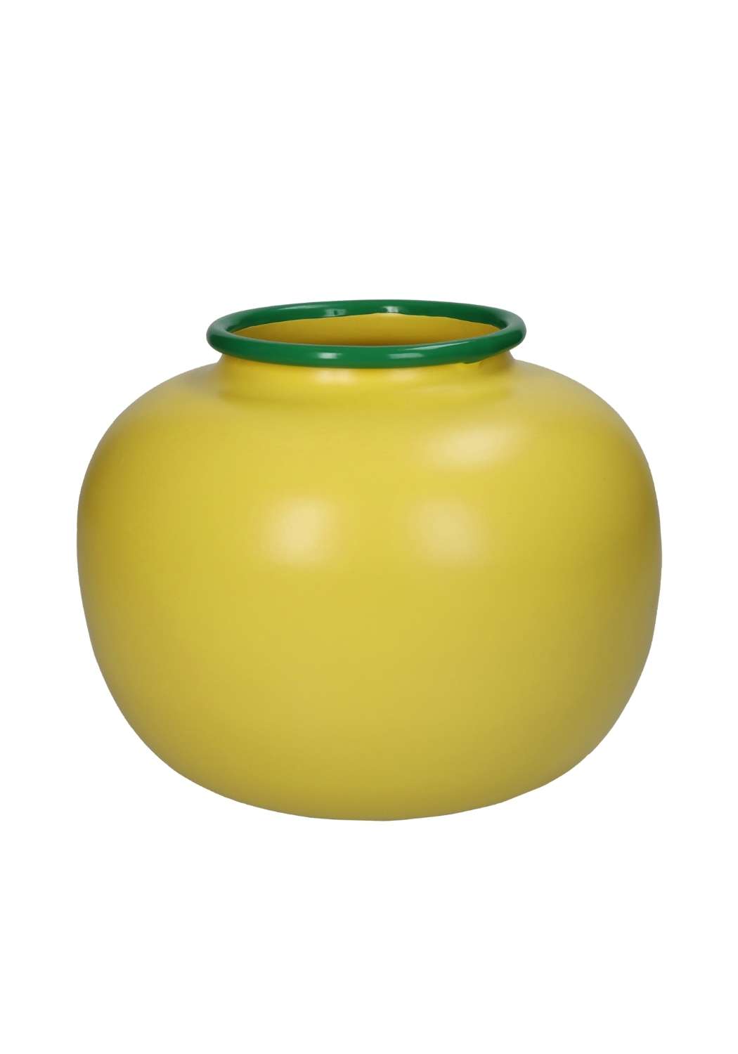A vibrant yellow ceramic vase with a smooth rounded body and contrasting green rim for color blocking decor