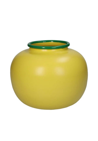 A vibrant yellow ceramic vase with a smooth rounded body and contrasting green rim for color blocking decor