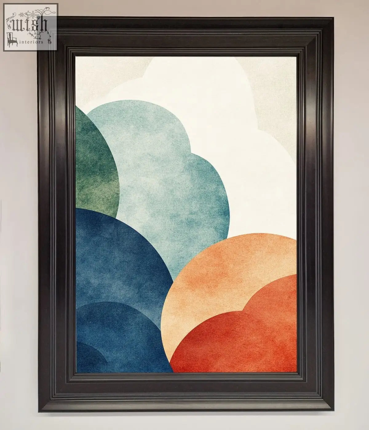 Modern abstract colour clouds framed wall art with overlapping teal, blue, orange, and red watercolor circles in black frame