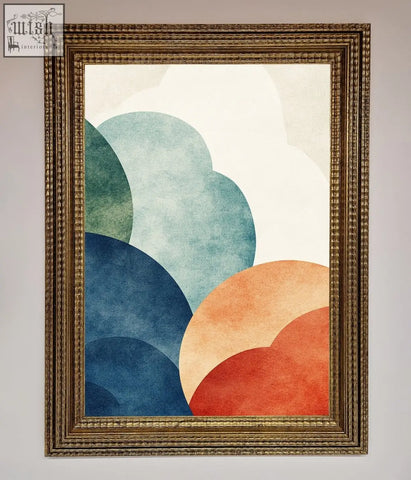 Colour clouds framed wall art with overlapping teal, blue, orange, and red circles on off-white background