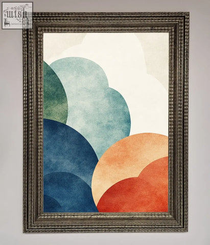 Colour clouds framed wall art with abstract overlapping circles in teal blue orange and red on off-white background