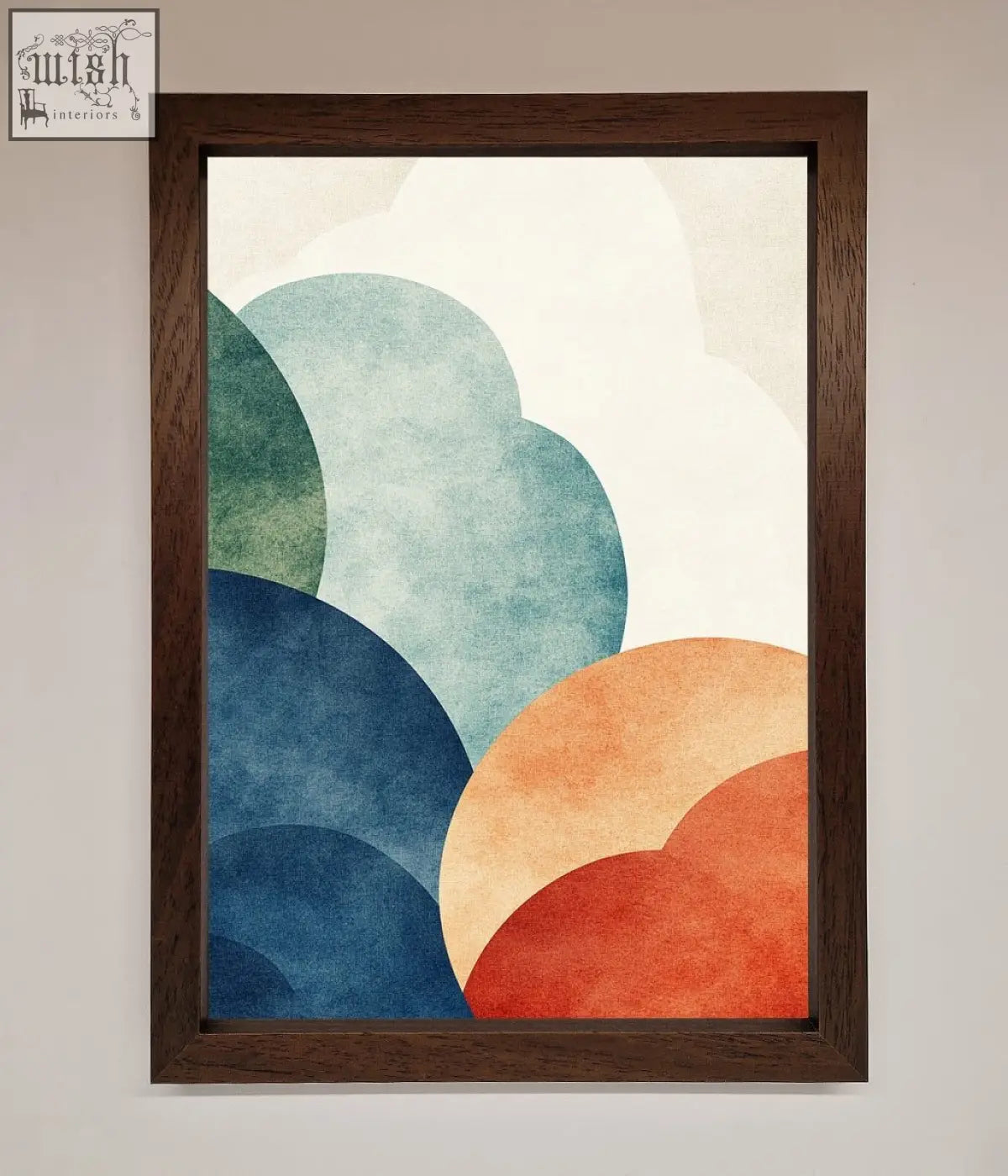 A colour clouds framed wall art print with overlapping teal blue orange and red circles on textured off-white background