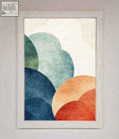 A colour clouds framed abstract wall art featuring overlapping teal, blue, orange, and red circles on off-white background