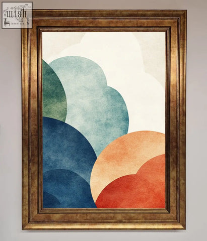 Colour clouds framed wall art with overlapping teal, blue, orange, and red circles on soft off-white background