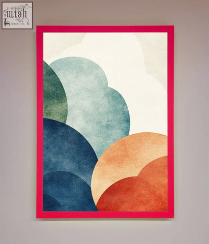 Colour clouds framed wall art with vibrant abstract circular shapes in teal blue orange and a bold pink border