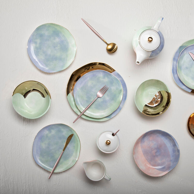 Pastel blue and green ceramic paradise dinner plate with gold trimmed edges perfect for choose orsina paradise dinner