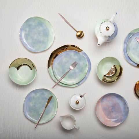 Pastel blue and green ceramic paradise dinner plate with gold trimmed edges perfect for choose orsina paradise dinner