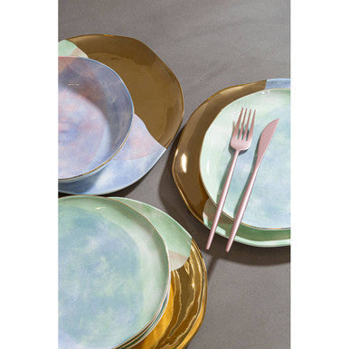 Set of pastel blue and gold ceramic paradise dinner plates with modern hand-painted finish perfect for paradise dinner choose orsina