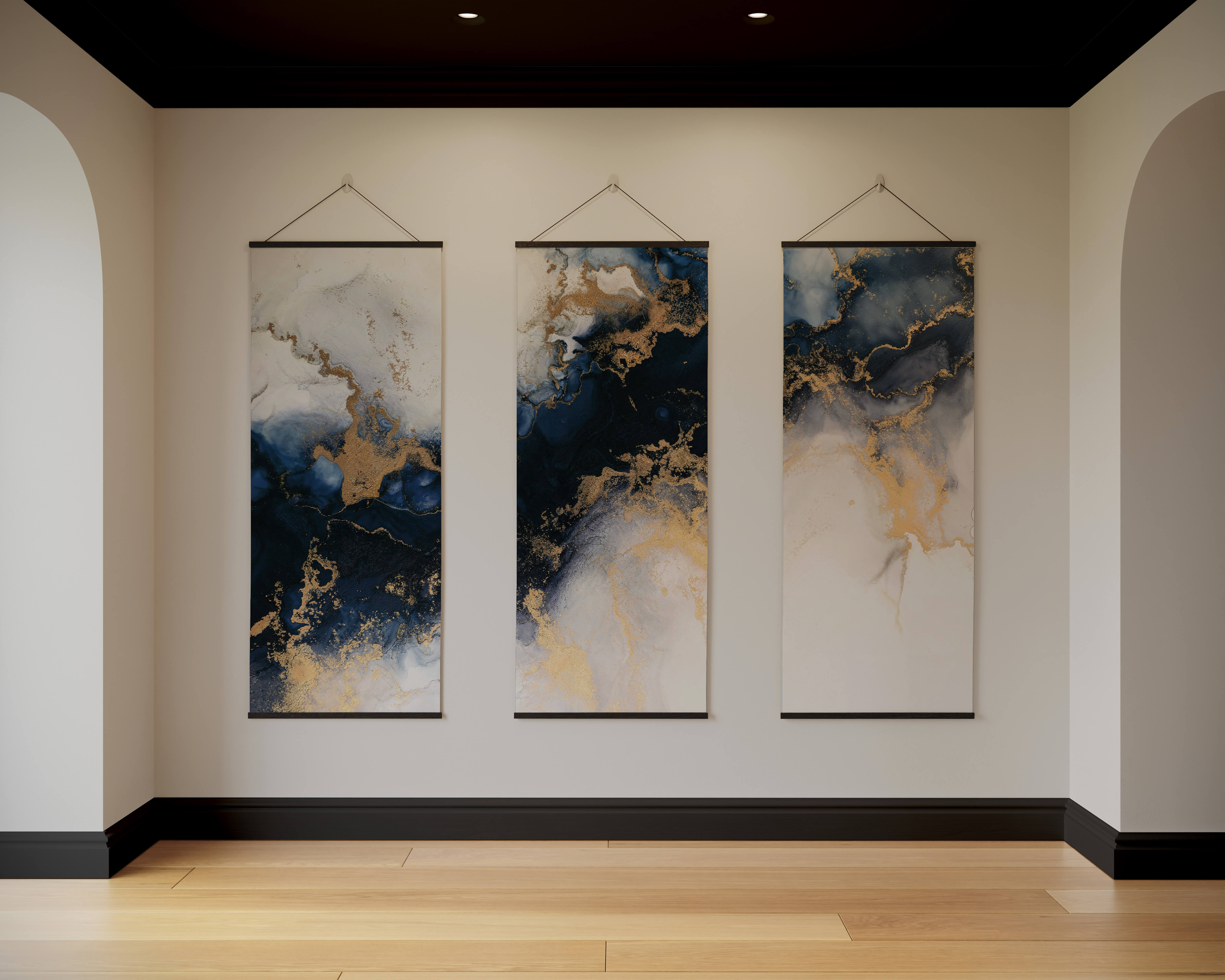 Three vertical colourful marble tapestry panels with swirling navy blue white and gold marbled patterns on wall