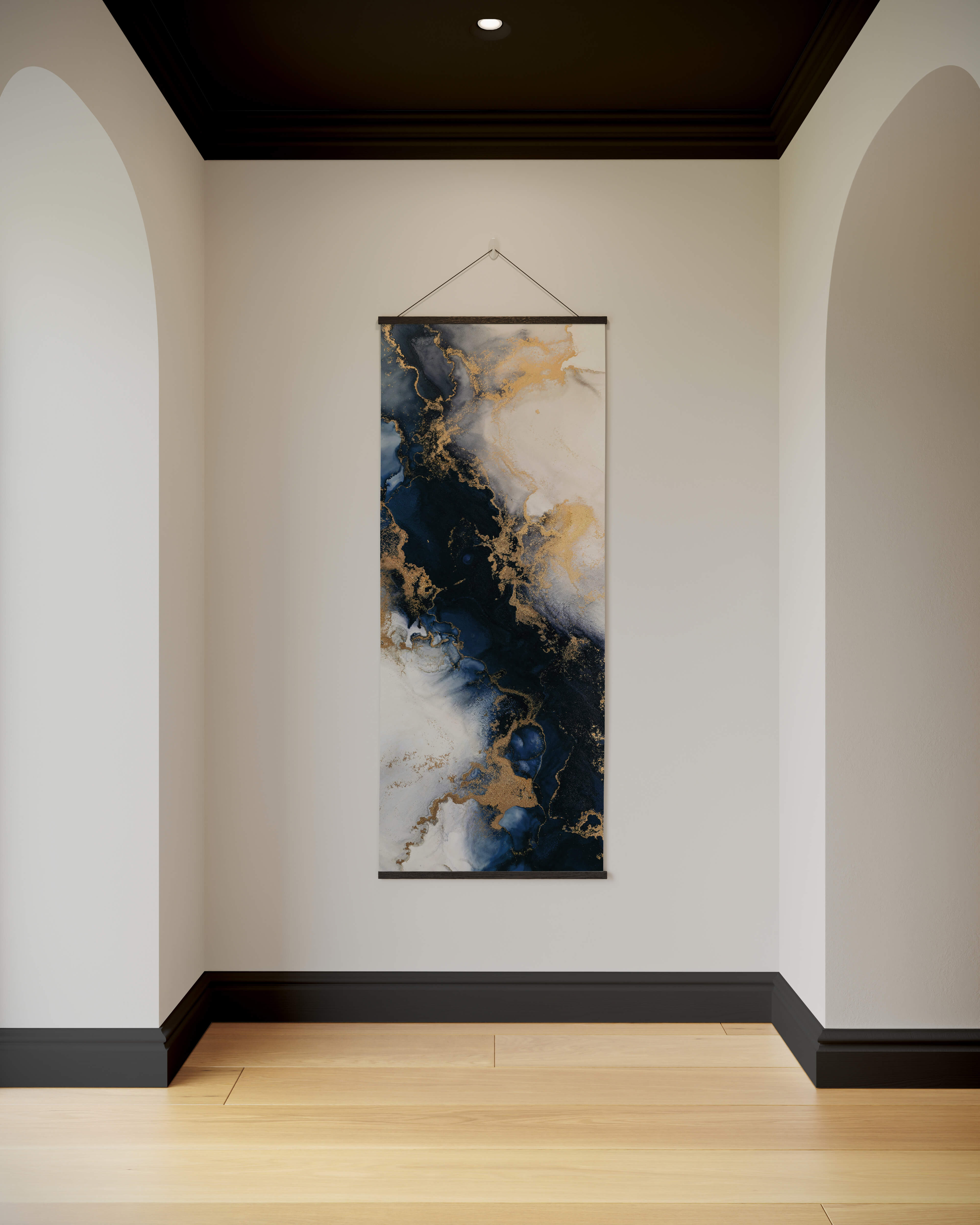 A colourful marble tapestry featuring vertical swirling navy blue gold and white marbled patterns in a black frame