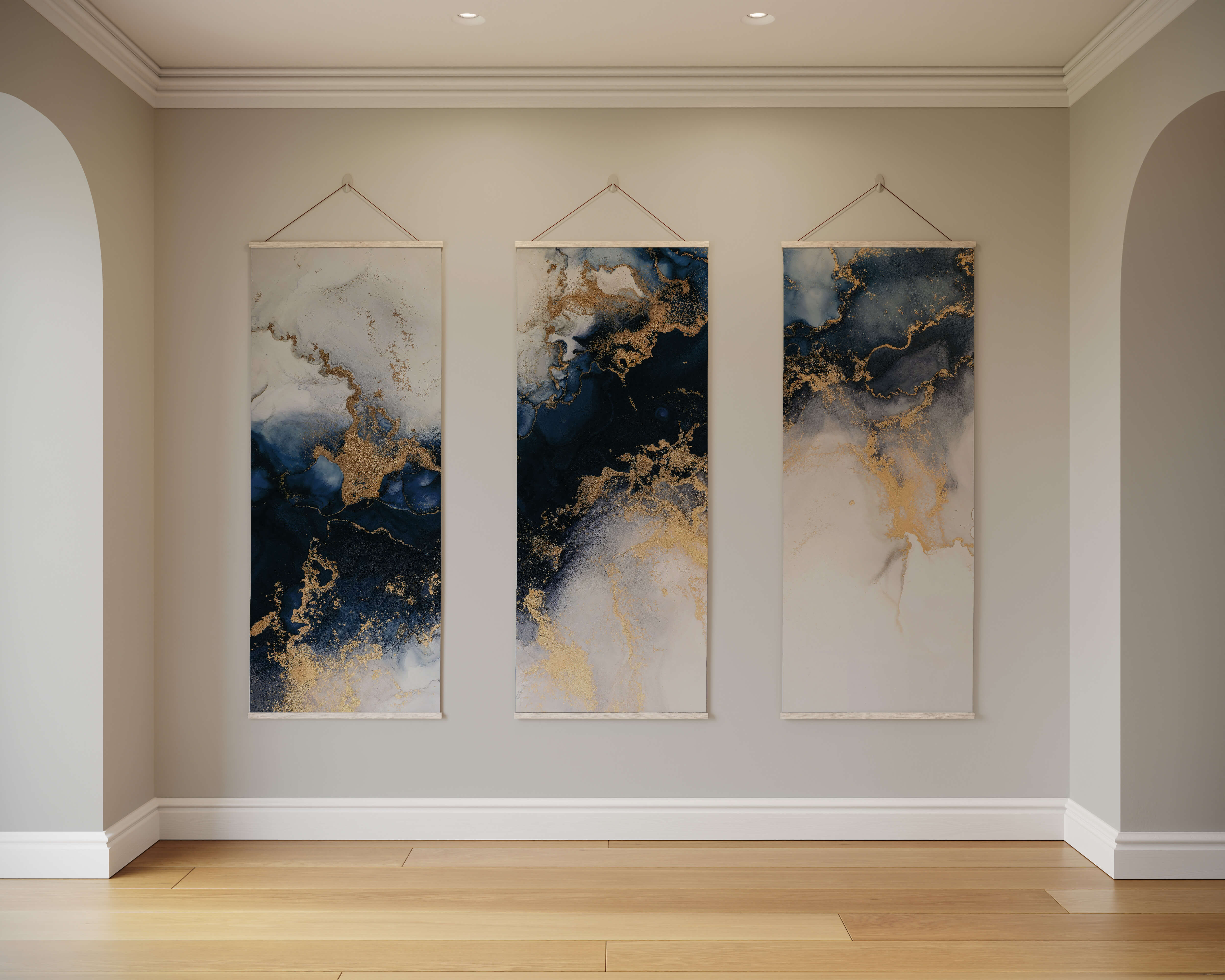 Three vertical panels of colourful marble tapestry with swirling navy blue gold and white marbled patterns for marble wall decor