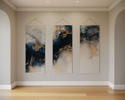 Three vertical panels of colourful marble tapestry with swirling navy blue gold and white marbled patterns for marble wall decor